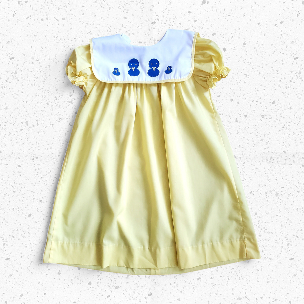 Vintage 1980s Lisa Jackson Yellow Duck Bib Collar Dress Girls Size 5 Made in USA